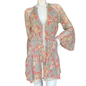 Alexis Floral Flowy Mini Babydoll Dress with Bell Sleeves and Tassels Size XS